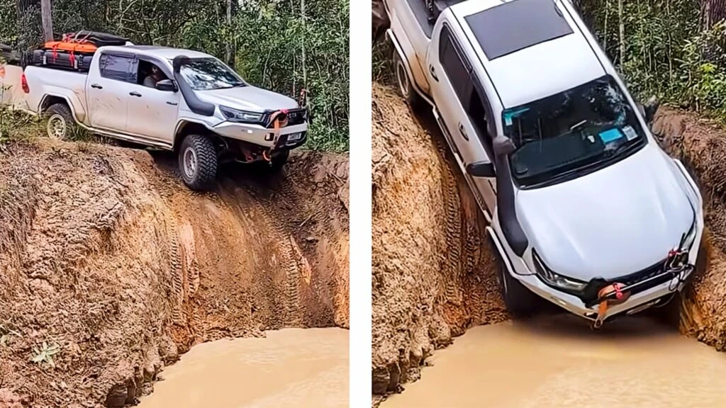 Спостерігайте, як повністю завантажений Toyota Hilux волоче житловий причіп униз майже прямовисним брудним схилом
